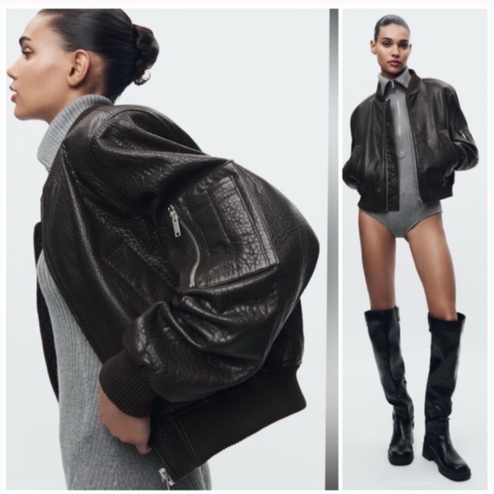 2024 Zara Leather Collection brown bomber with reptile print. Size XS. NWT